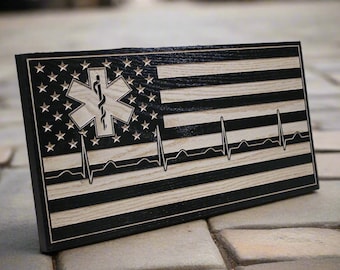 EMS Star of Life American Flag: Carved Red Oak First Responder Wall Art