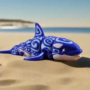 May include: A blue and white orca figurine with a tribal design. The figurine is lying on its side on a sandy beach.