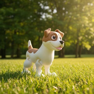 May include: A white and brown cartoon dog stands in a grassy field with trees in the background. The dog has a smiling expression and is well-lit by sunlight. The dog's features are clearly defined, and the overall scene is bright and cheerful.