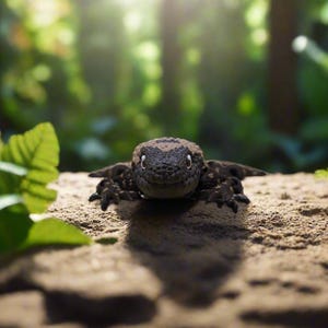 May include: A detailed, front-facing shot of a dark-colored lizard with a textured body and small, clawed feet. The lizard is positioned on a sandy surface, with a blurred green background of foliage and sunlight.