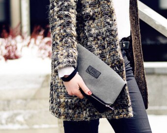 Grey clutch purse, Grey suede leather clutch, Oversized gray clutch, Recycled leather bag, Evening bag, Convertible gray clutch