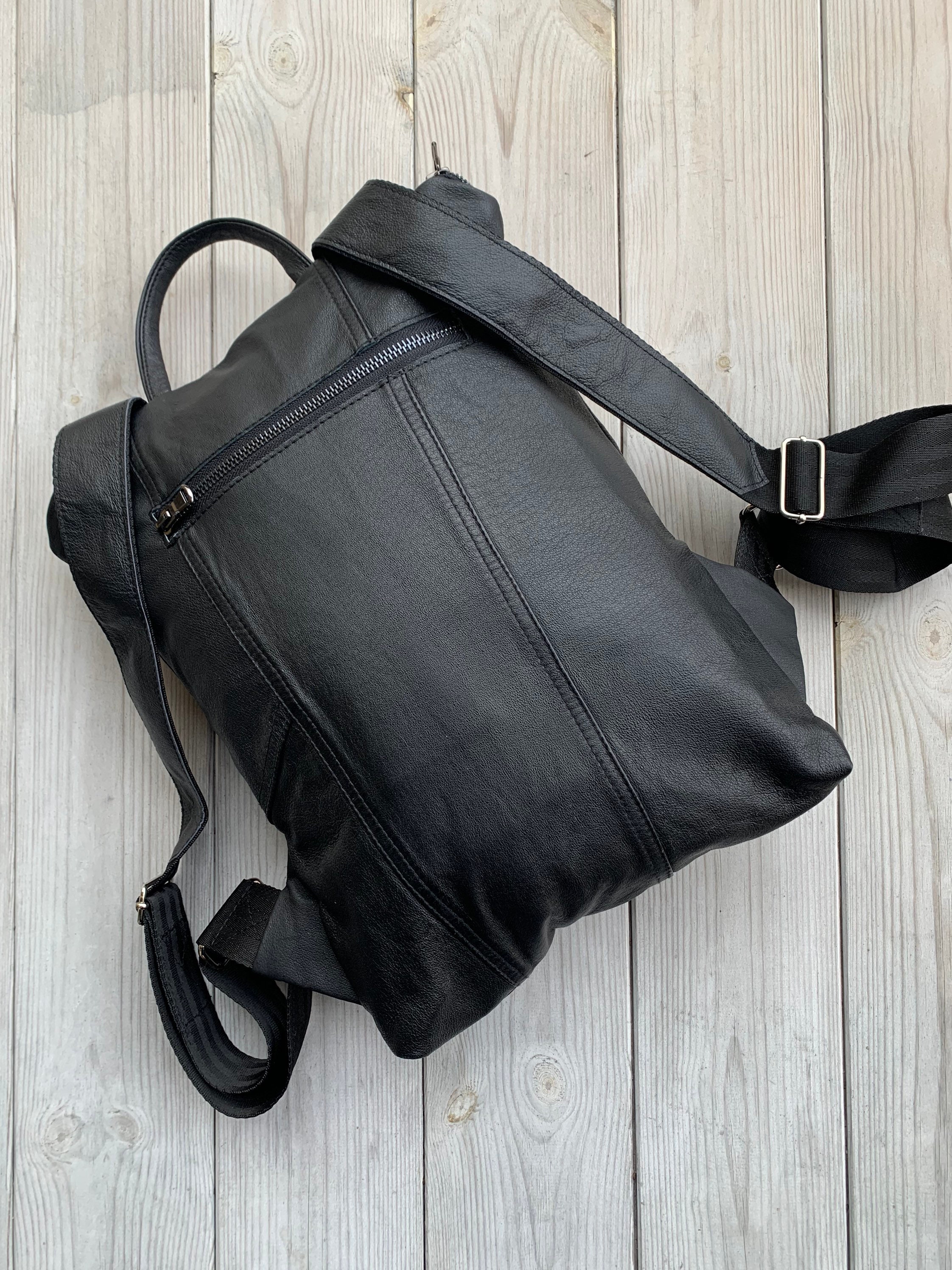 Black Leather Backpack Upcycled Backpack Women Rucksack | Etsy