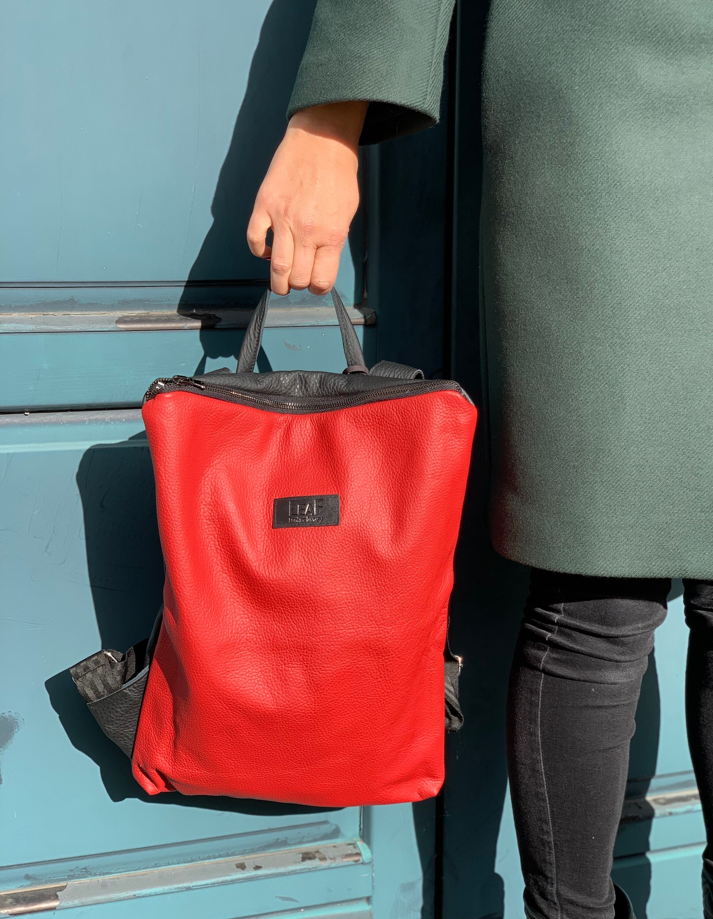 Red Leather Backpack Recycled Leather Backpack Minimalist | Etsy