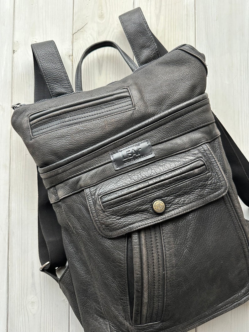 Black Upcycled Leather Backpack image 2