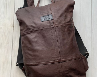 Brown Leather Backpack 15", One of a Kind Unique Gift Backpack, Sustainable Bag Gift