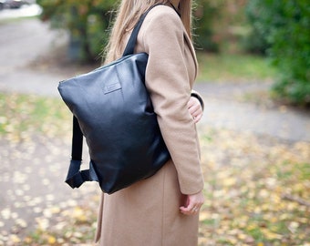 Slouchy Black Leather Backpack, Women Black Backpack, Wife Gift, Upcycled Backpack, Travel Backpack, School Backpack, Bridesmaid Gift