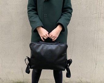 Minimalistische schwarze Leder Rucksack Geldbörse, schwarzer Rucksack, echtes Leder Rucksack, Damen Rucksack Geldbörse, lässiger Rucksack