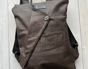 Brown Backpack Purse, Leather Backpack, Upcycled backpack, Repurposed backpack, Dark red backpack, Minimalist backpack