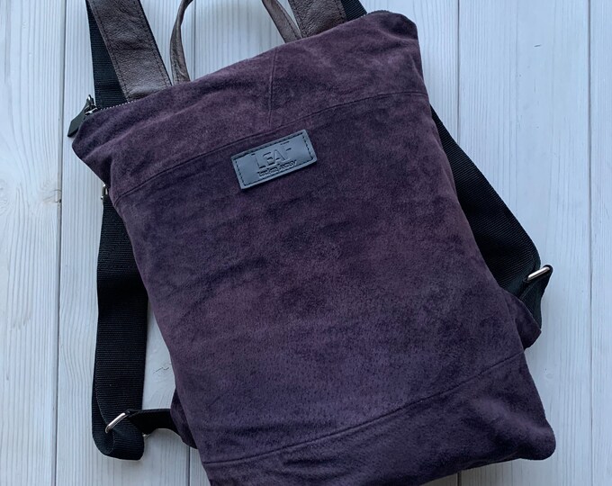 Purple Leather Backpack, Upcycled Rucksack, Minimalist Accessories