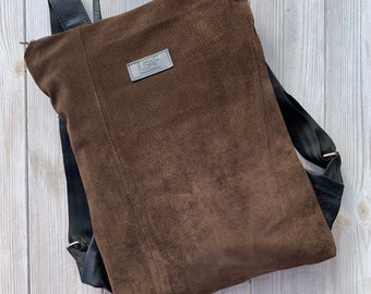 Sac à dos en cuir suédé marron recyclé, sac à dos marron en daim recyclé, sac en daim marron élégant