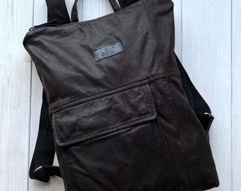 Brown Up-cycled Leather Backpack with Pockets