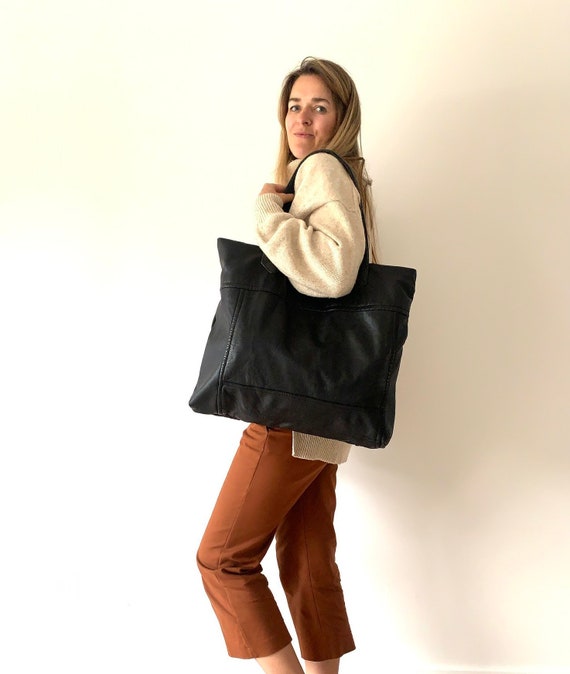 Oversized Slouchy Upcycled Leather Bag Large Black Leather Tote