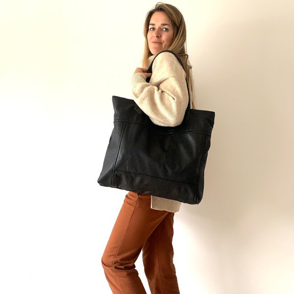 Oversized Slouchy Upcycled Leather Bag, Large Black Leather Tote Bag