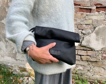 Leather Bag, Clutch Bag, Black Bag, Small Bag, Handbag For Women, Recycled Bag, Leather Pouch, Mothers Day Gift, Upcycled Bag, Lunch Bag