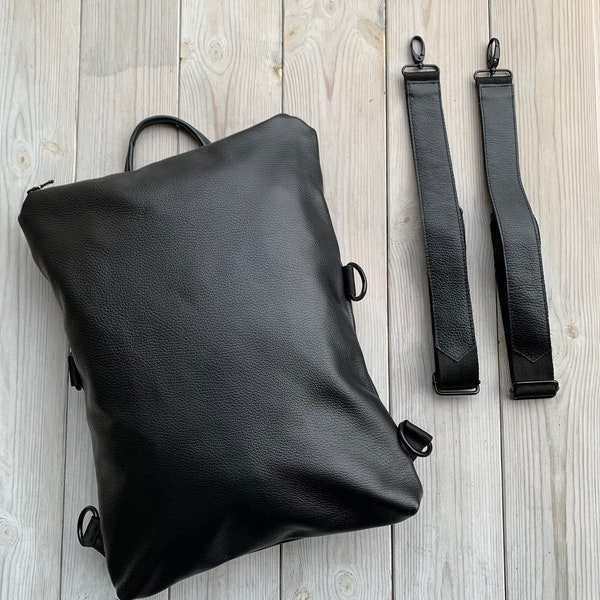 Black Backpack 4 in 1, Convertible Backpack, Backpack 4 Ways 3 Pockets, Backpack Crossbody, Backpack With Long Strap, Backpack Bag