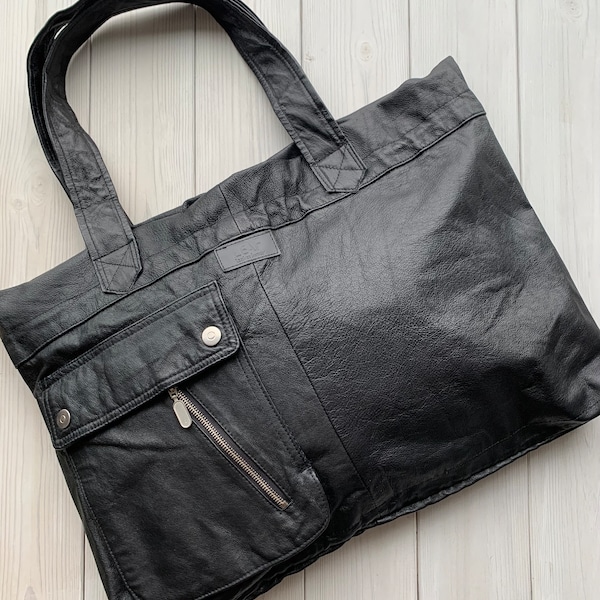 Dark Black Upcycled Leather Large Tote Bag