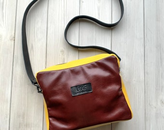 Burgundy Yellow Leather Cross Body Bag