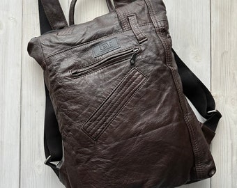 Brown Leather Backpack, Leather Backpack Purse, Convertible Backpack, Clutch Backpack, Minimalist Backpack,Zipper Backpack,Upcycled Leather