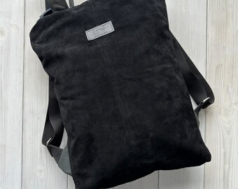 Black Backpack, Suede Leather Backpack, Convertible Backpack, Women Backpack, Black Rucksack, Leather Shoulder Bag, Backpack Mother Gift