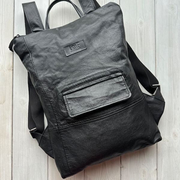 Genuine Leather Backpack 15", Convertible Backpack, Black Backpack Purse, Upcycled Gift