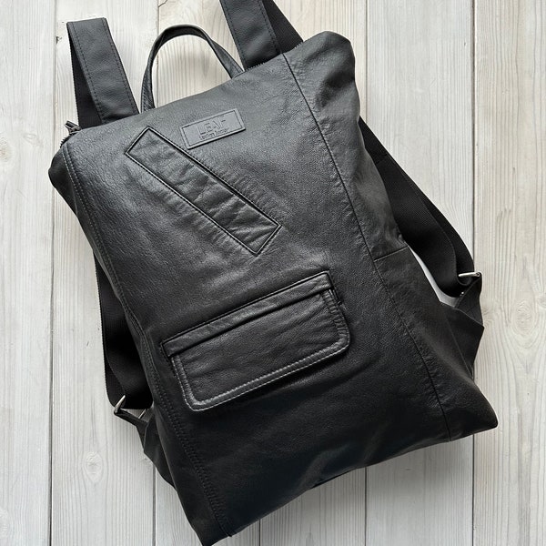 Recycelter Lederrucksack, schwarzer Rucksack, recycelte Handtasche, recycelter Lederrucksack, schwarze Schultertasche, Laptop-Rucksack, Geschenk für sie