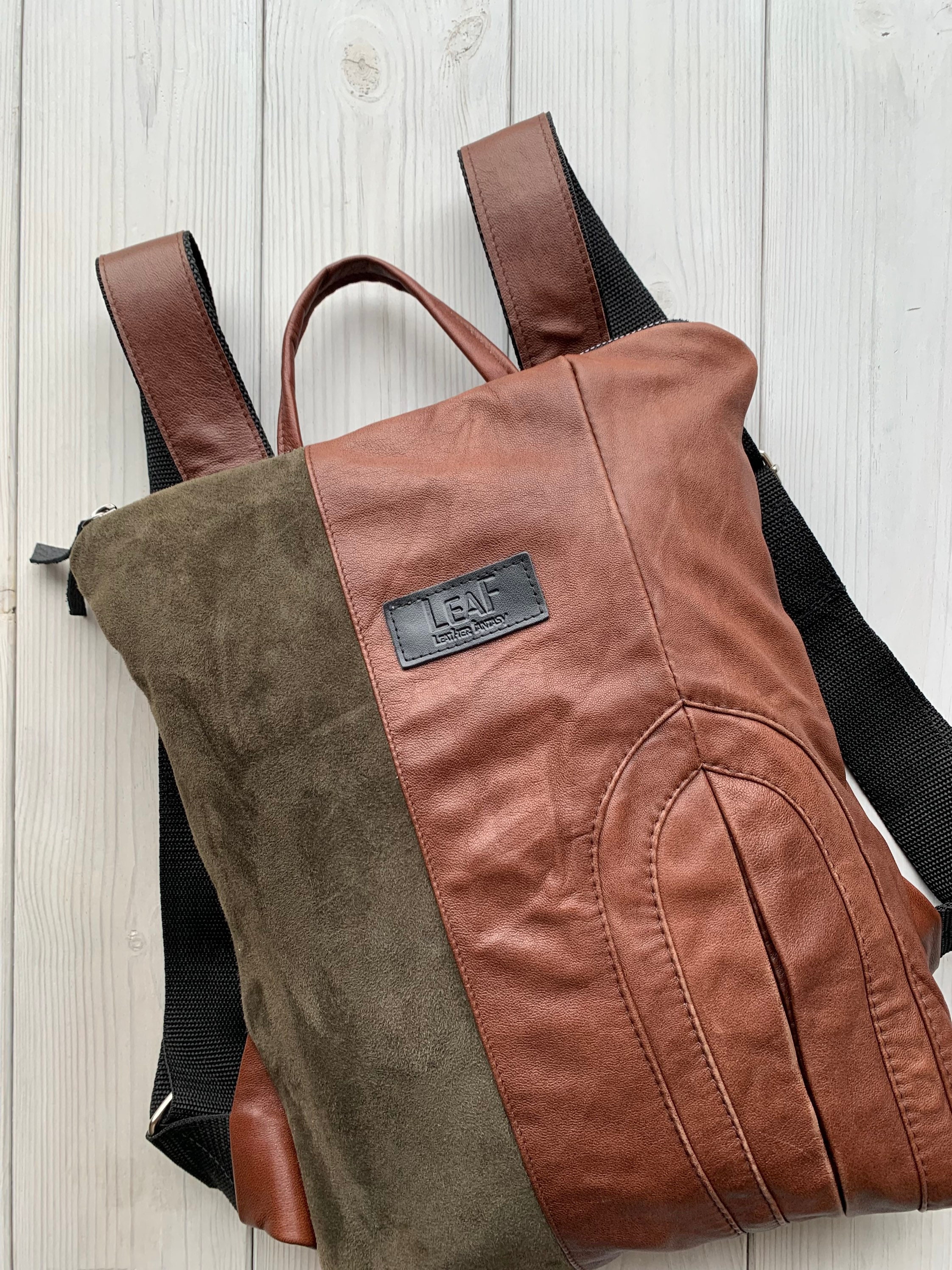 Backpack Leather, Brown Small Upcycled Leather Backpack 