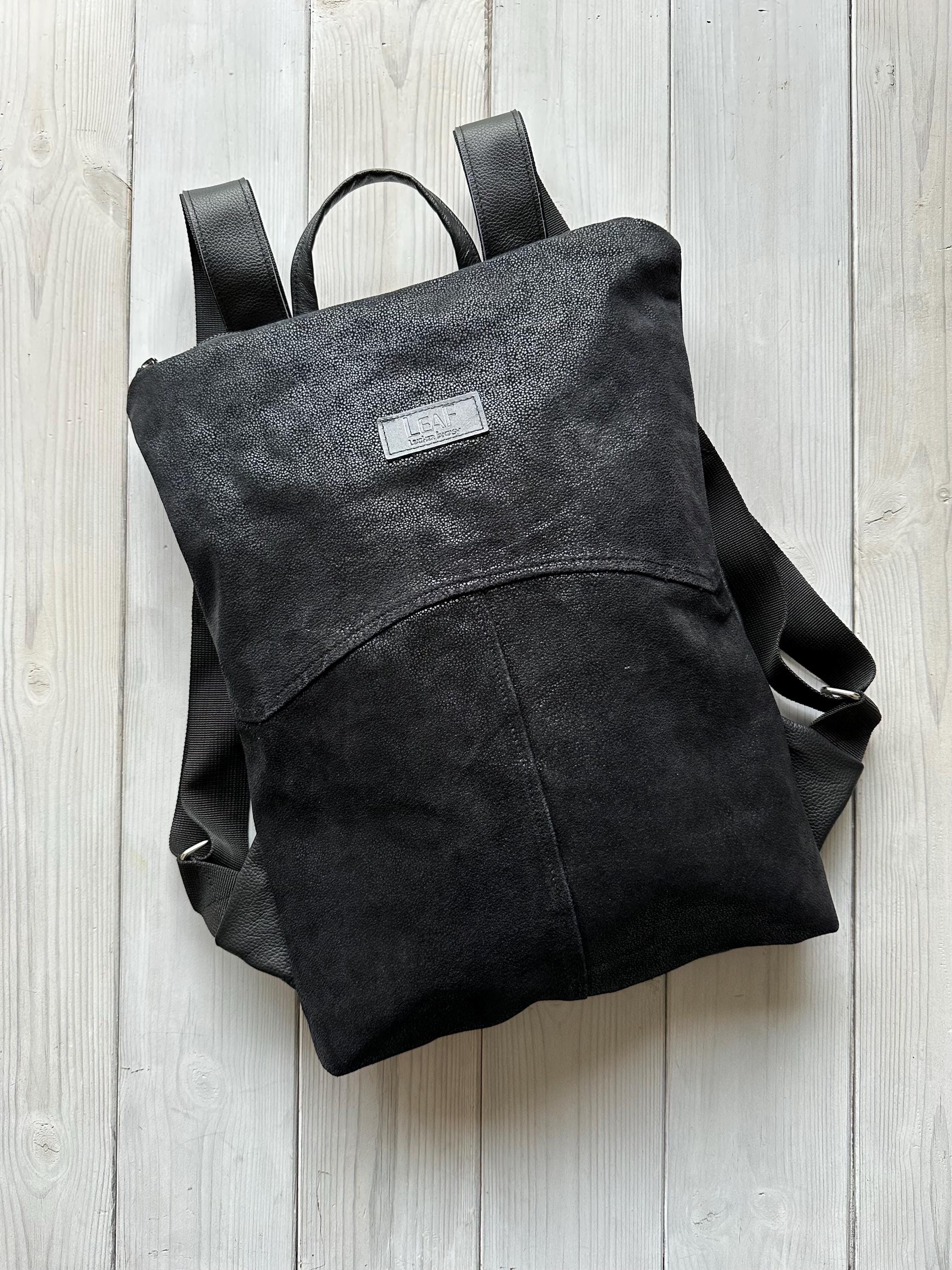 Upcycled Leather Black Backpack, Recycled Leather Backpack  display picture 3