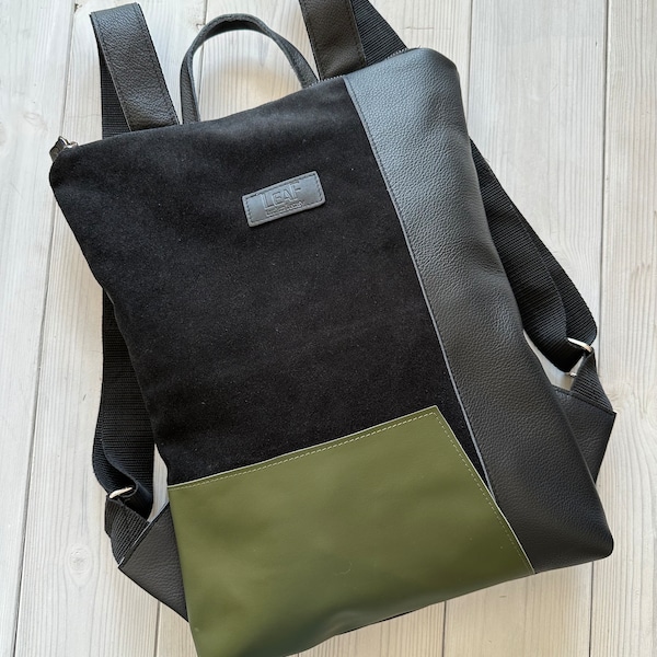 Very Light Leather Backpack, Olive Backpack, Mini Green Backpack, Leather Handbag, Recycled Leather Handbag