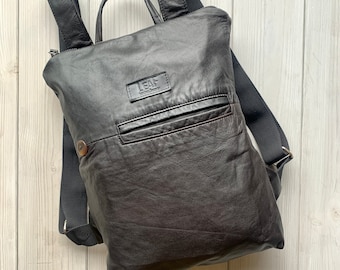 Black Leather Backpack Made from Re-used Leather