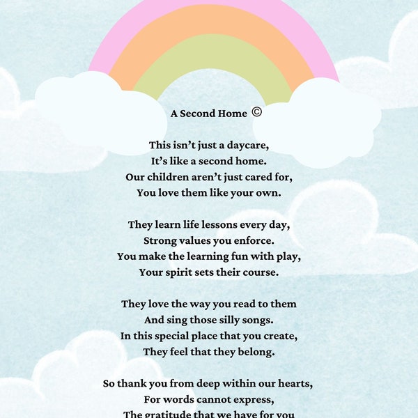 A Second Home Poem for daycare providers, poetry printable, Digital download, daycare provider gift, instant download, daycare poem