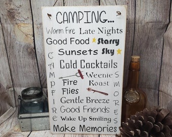 Letrero rústico de recuerdos de camping: madera envejecida, uso exterior