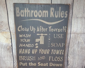 Bathroom Rules Sign, Primitive Signs, Bathroom Bathroom Decor, Wall Decor, Kids Bathroom Decor, Home Decor, Restroom Sign, Housewarming Gift