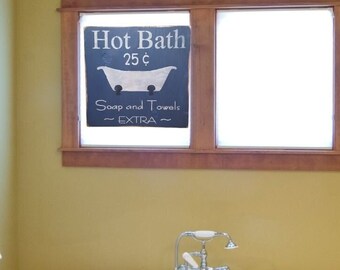 Hot Bath Wood Sign: Distressed Rustic Bathroom Decor (9x9.25)