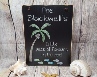 Letrero de piscina personalizado: Palmera, Chanclas, Paraíso de verano
