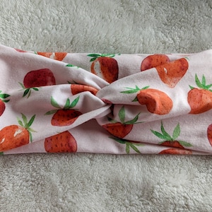Watercolor Pink Strawberry Print Cotton Knit Twist Front Headband