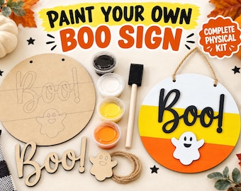 May include: A DIY paint kit for a round wooden sign featuring the text PAINT YOUR OWN BOO SIGN and COMPLETE PHYSICAL KIT. Includes a circular wooden board with a ghost and Boo! outline, a finished sign, four paint pots, a brush, and twine.