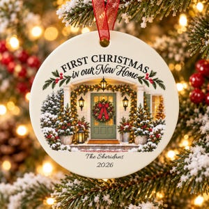 May include: A round white ceramic Christmas ornament featuring a printed image of a house entrance decorated for the holidays. The text reads First Christmas in our New Home, The Sheridans, and 2026. It includes a red ribbon for hanging.