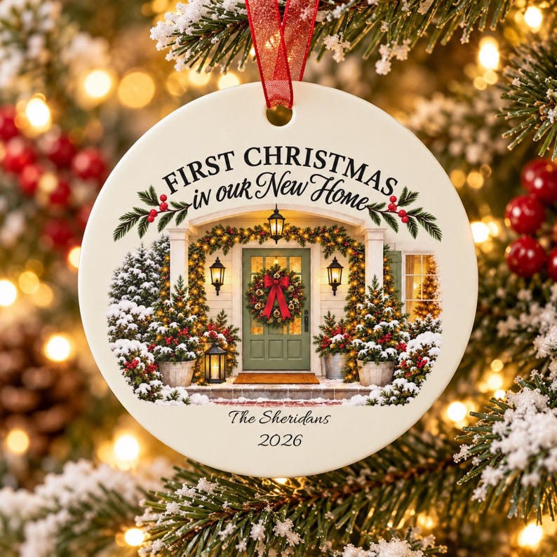 May include: A round white ceramic Christmas ornament featuring a printed image of a house entrance decorated for the holidays. The text reads First Christmas in our New Home, The Sheridans, and 2026. It includes a red ribbon for hanging.