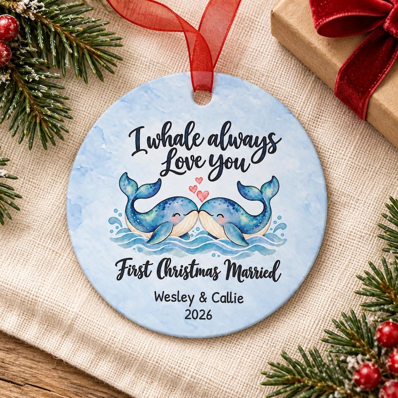 Puede incluir: Un adorno redondo de cer&aacute;mica con un fondo de acuarela azul claro que muestra dos ballenas azules frente a frente con tres peque&ntilde;os corazones rosas encima. El texto dice I whale always love you, First Christmas Married, Wesley & Callie, 2026.