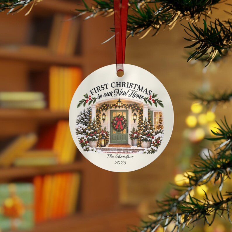 Personalized First Christmas in Our New Home Ornament, Custom Family Name Metal Christmas Keepsake image 4