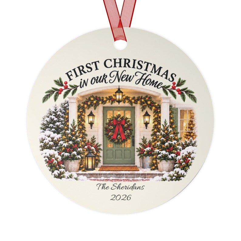 Personalized First Christmas in Our New Home Ornament, Custom Family Name Metal Christmas Keepsake image 5