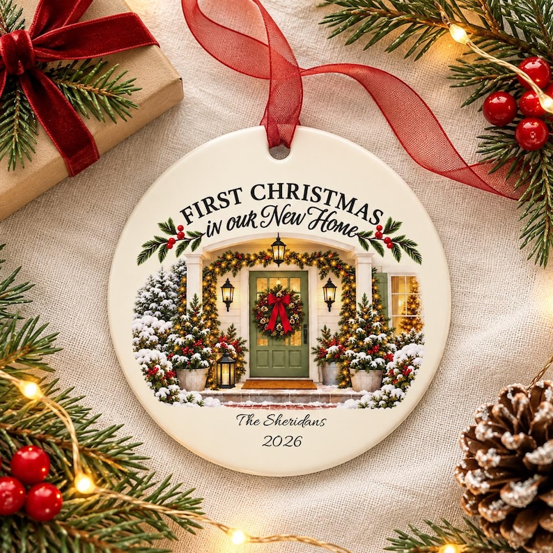 May include: A round white ceramic ornament featuring a printed illustration of a house entrance decorated for the holidays. The text reads First Christmas in our New Home, The Sheridans, and 2026. A red ribbon is attached to the top for hanging.