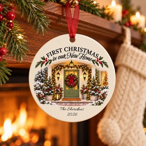 May include: A round white ceramic ornament with a red ribbon hanger. The front features a printed illustration of a house entrance decorated for Christmas, with the text "FIRST CHRISTMAS in our New Home", "The Sheridans", and "2026".