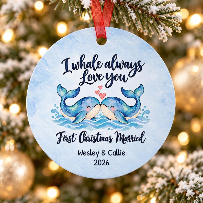 Puede incluir: Un adorno navide&ntilde;o redondo de cer&aacute;mica con un fondo de acuarela azul claro. Presenta dos ballenas azules toc&aacute;ndose las narices, tres peque&ntilde;os corazones rojos y el texto I whale always love you, First Christmas Married, Wesley & Callie, 2026.