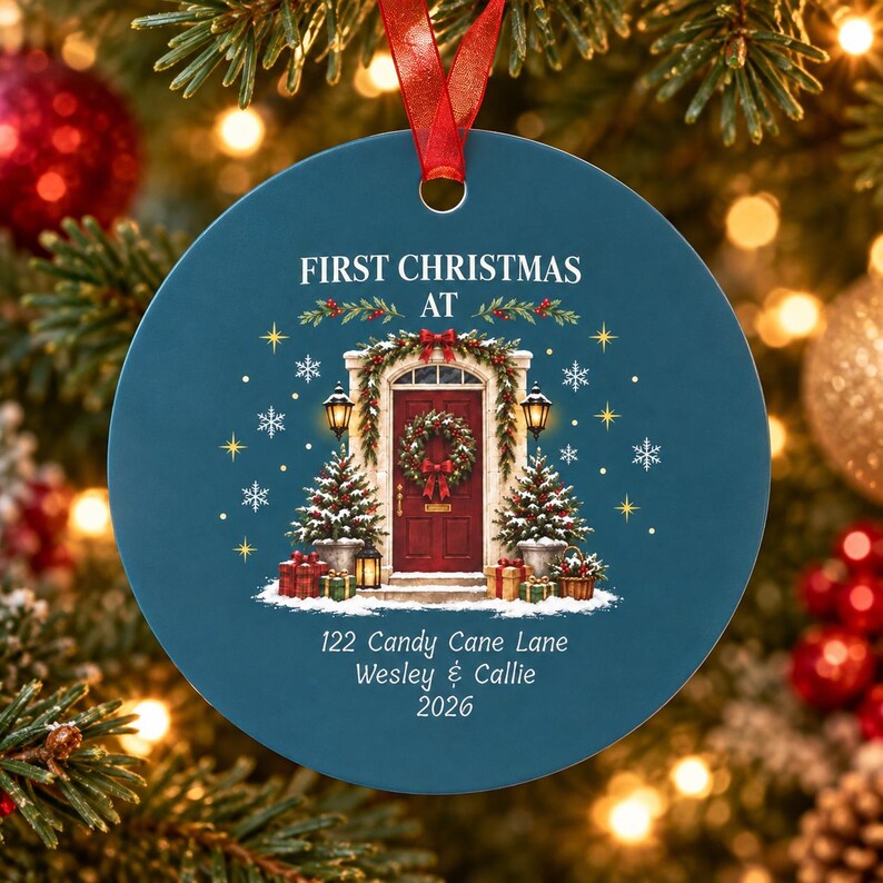 May include: A round, dark blue Christmas ornament featuring a red front door with a wreath, flanked by two small snow-covered pine trees and lanterns. The text reads: FIRST CHRISTMAS AT 122 Candy Cane Lane Wesley & Callie 2026.