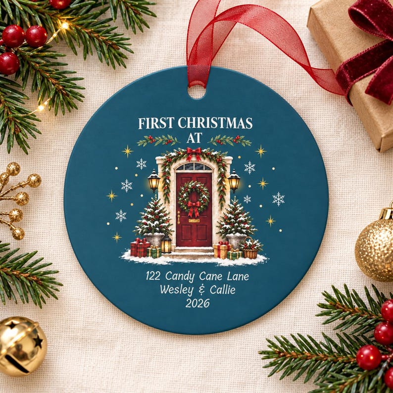 May include: A round, dark blue ceramic Christmas ornament featuring a red front door with a wreath, flanked by two small Christmas trees and lanterns. The text reads FIRST CHRISTMAS AT, 122 Candy Cane Lane, Wesley & Callie, 2026.