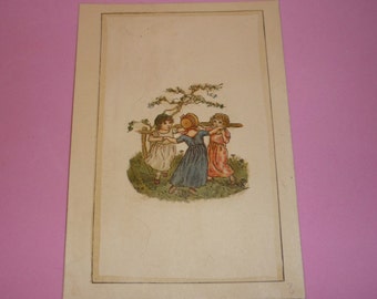 1870's-80's Hand Tinted Picture Illustration - Three Girls Dancing - Charming -5 Inch by 4 Inch