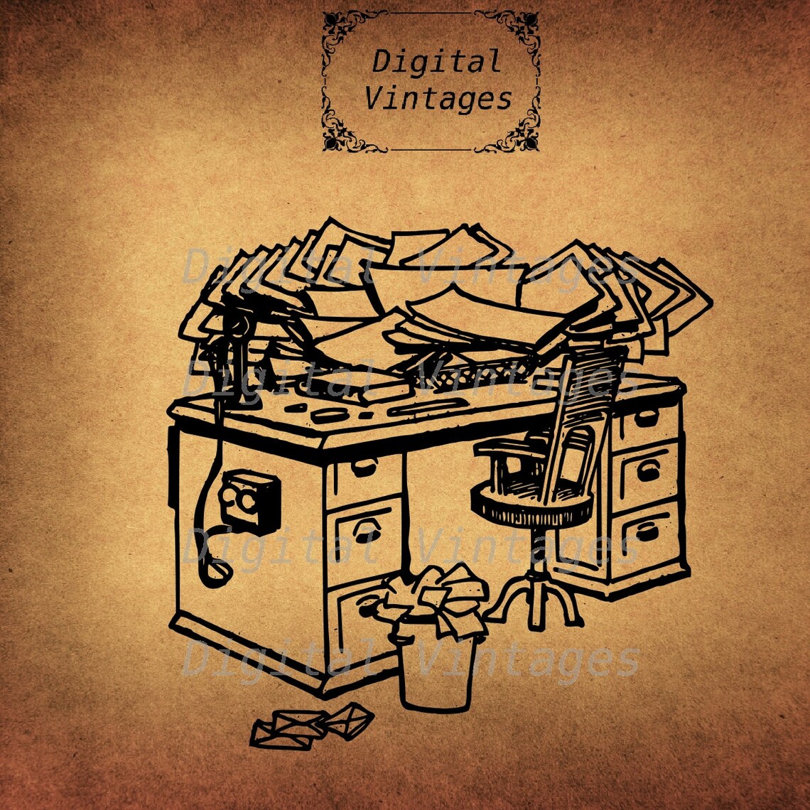 Messy Desk Work Office Schgool Clip Art Illustration Vintage Etsy