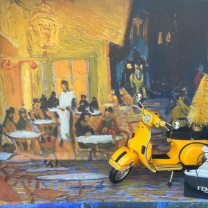 Holiday Christmas Diorama Set to a Master Painter&#39;s Impressionism Cafe Terrace at Night.