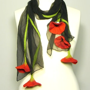 Black and red poppy scarf handfelted scarf red flowers poppies boho chic statement  flower gift Charlotte Molenaar gift women free shipping